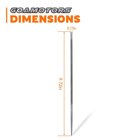 Side view of chainsaw file from 12 Piece Chainsaw Chain Sharpening Files Set Round Hand Files 3 Sixteenth Inch Diameter For 0.325 Pitch Chains And 4.8 Millimeter Chains Pro Grade Easy Fit For Oregon Types 20 21 22BPX 95VPX on white background with dimensions.