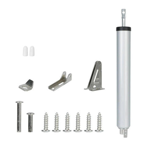 Adjustable Buffer Force Door Closer with 90 Degree Stop Gas Spring Auto Close and Lock Silent 25-45kg Capacity Easy Install, parts displayed