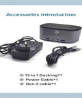 Solid Game Changer 13 In 1 Usb C Docking Hub for Laptops with 4K 60Hz Output, power and Gen 2 cables included.