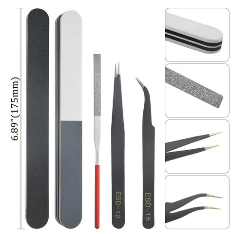 Pro Grade 8 Piece Model Tools Kit For Gundam And Car Models showing tweezers, file, and sanding sticks, 175mm size