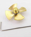 Four Blade Copper RC Boat Propeller For 24mm And 26mm Shafts M3 Thread Left Hand High Torque Impeller and wrench shown
