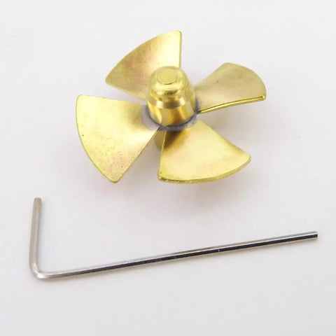 Four Blade Copper RC Boat Propeller For 24mm And 26mm Shafts M3 Thread Left Hand High Torque Impeller and wrench shown