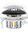 Bathtub Drain Stopper Pop-Up Tub Stopper Hair Catcher close-up view showcasing chrome and black design for tub use.