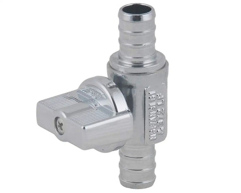 One Quarter Turn Straight Stop Valve One Half Inch PEX To One Half Inch PEX Lead Free Brass Chrome Plated close-up view