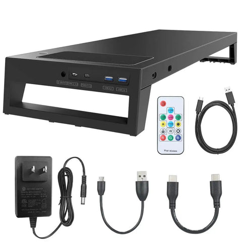 Slick Multifunctional Pc Dock Pro Intelligent Monitor Stand with black hub, ports, cables, and remote for desktop use.