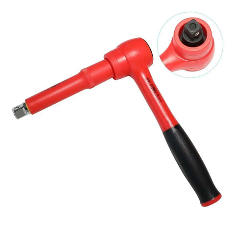 Pro Grade 36 Piece Insulated Socket Wrench Set Featuring 1000 Volt Safety Protection And Half Inch Drive Deep Sockets, red insulated handle.