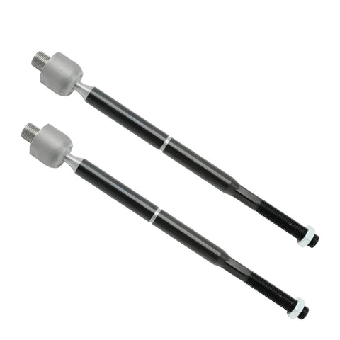 Two black steel front suspension control arms with gray bushings and threaded studs