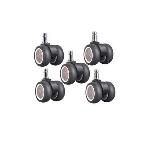 Five Pack Twin Roller Caster Wheels Built For Smooth Cruising On Your Home Office Rig Featuring Dead Silent TPR Rubber Glide Straight Shoot 11 Mm Stem Install, showing five twin wheels.
