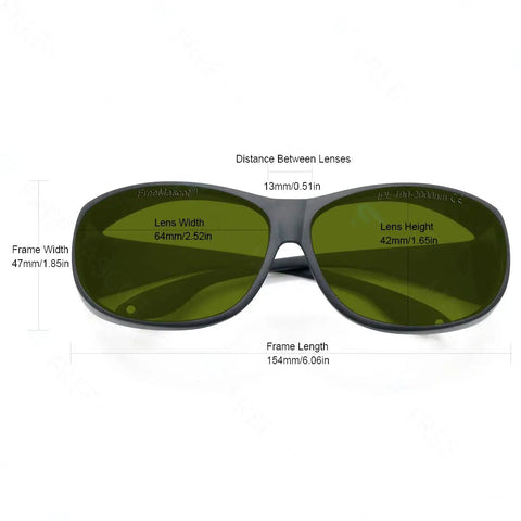 The Trusted Real Deal Broad Spectrum Laser Safety Glasses That Deliver Hella Consistent Eye Protection For Ipl Machines And Commercial Hair Removal Facilities Daily showing green lenses and frame dimensions.