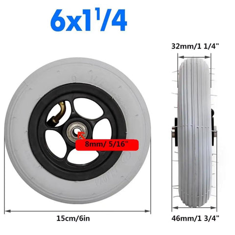 Absolute Game Changer 6 Inch Wheelchair Front Wheel Replacement With Plush Pneumatic Rubber Tires For Manual Chairs Featuring Anti Slip Pneumatic Casters And Zero Hassle Bolt On Upgrade Set showing 6 inch rubber wheel with black hub and measurements.