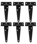 Hella Durable 4 Inch T Hinges 6 Pack Rust Proof Steel Cabinet And Garden Shed Door Hardware viewed from the front.
