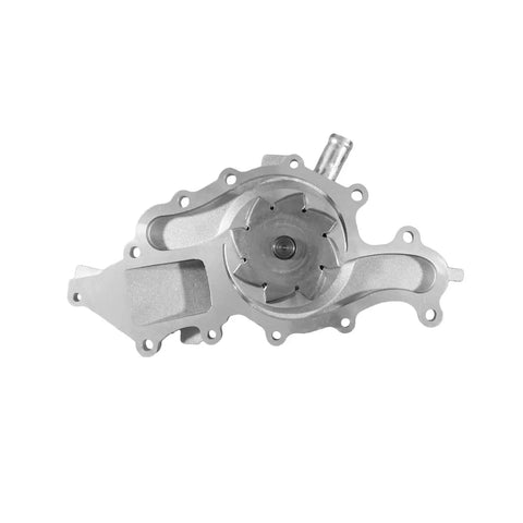 Heavy Duty Engine Water Pump For GM Vehicles Featuring Heat Treated Shaft with silver aluminum finish for durability and performance.