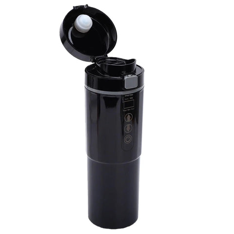 Portable Car Electric Kettle With Smart Temp Control Fits Standard Holders Great For Road Trips And Daily Grinds Brews Fresh Coffee Or Tea Right On Your Dash Reliable Gear For Modern Drivers Seeking Chill Vibes In Sleek Black Finish, compact design in black with open lid.