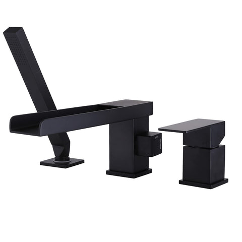 Waterfall Roman Tub Faucet Deck Mount With Hand Shower Three Hole Widespread Matte Black Bathroom Fixture Featuring Waterfall Tub Spout.