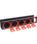 Heavy Duty Wall Mounted Spray Bottle Caddy With Five Reinforced Steel Hooks For Garage Organization, black and red design.