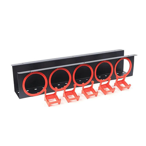 Heavy Duty Wall Mounted Spray Bottle Caddy With Five Reinforced Steel Hooks For Garage Organization, black and red design.