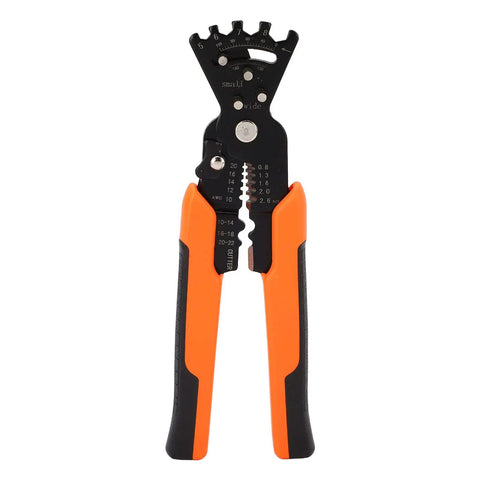 Multi Function Wire Splitting Stripper Pliers With Built In Wrench And Multi Angle Wire Bender in chrome steel with orange grip