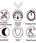 Icons representing features of Heavy Duty 58Mm Automatic Coffee Tamper Electric Press, including safety and control functions.