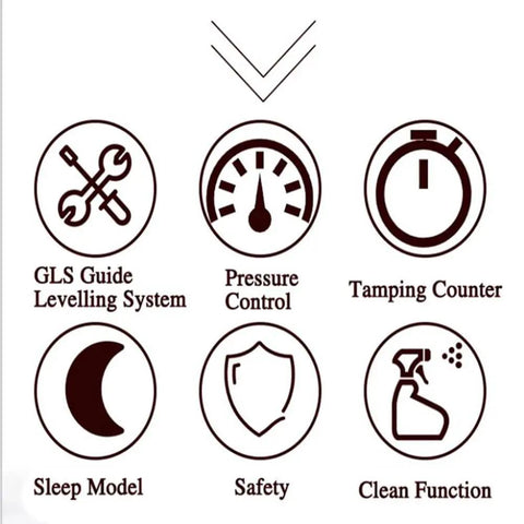 Icons representing features of Heavy Duty 58Mm Automatic Coffee Tamper Electric Press, including safety and control functions.