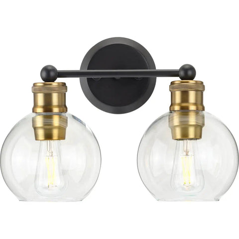 Coastal Bath Vanity Light, 2 Light Clear Glass Globes, Antique Bronze Finish, Urban Industrial Vibe for Bathroom