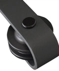 Close-up of the matte black track hardware from Barn Door Kit With Hardware For 84 By 84 Inch MDF Door, 4 Lite Frosted Glass, Frosted Collection.