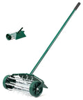 Rolling Lawn Aerator With 3 Piece Long Steel Handle And Fender 18 Inch Rotary Push Tine Spike Tool visible with green fender