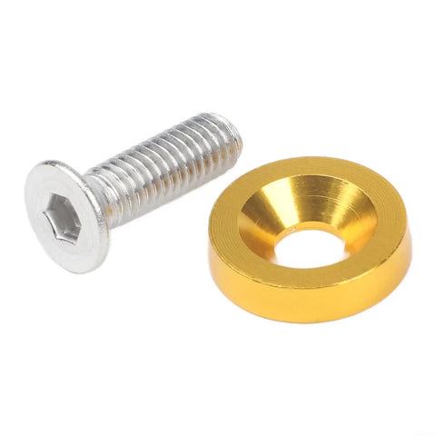 M6 Hex Head Bolt Screw Kit With Aluminum Washers For Fender, Bumper, Headlight And Trunk Mounts, 20 Piece Set, CNC Machined 6061 Aluminum Golden Finish, Engine Bay Ready, Heavy Duty Vibration Resistant Auto Body Fasteners, M6 bolt and gold washer close-up