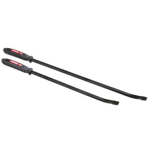Dominator Pry Bar Set 25 Inch And 31 Inch Curved Black Oxide Finish With Ergonomic Two Composite Handle in side-by-side view.