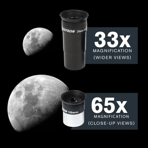 AstroMaster 130EQ-MD Newtonian Reflector Telescope Starter Kit eyepieces showing 33x and 65x magnifications with moon views