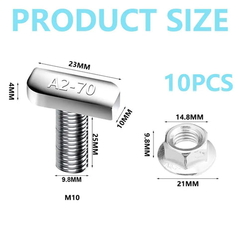 Right Tight T Slots Drop In Hammer Precision Bolts With Ten Pcs Hexagon Flange Nuts For Aluminum Framing And Cnc Rigs Build It Fast No Sweat A2 70 Steel, M10 size screws and nuts with precise dimensions.