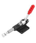 Push Pull Toggle Clamp For Welding And Woodworking Jigs And Fixtures Quick Pull Latch Stroke Clamp Durable Hand Tool For Pocket Hole Jigs DIY Projects And Fabrications Built For Reliable Effortless Clamping, shown in side view with red handle and metal bolt.