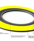 Spiral-wound gasket with yellow outer band and gray stripe; 6-inch pipe size, 2500# class, 304SS windings.