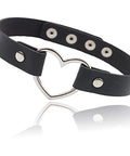 Genuine PU Leather Love Heart Choker Necklace For Men Women With Rugged Gothic Chain Adjustable Collar, black heart pendant detail.