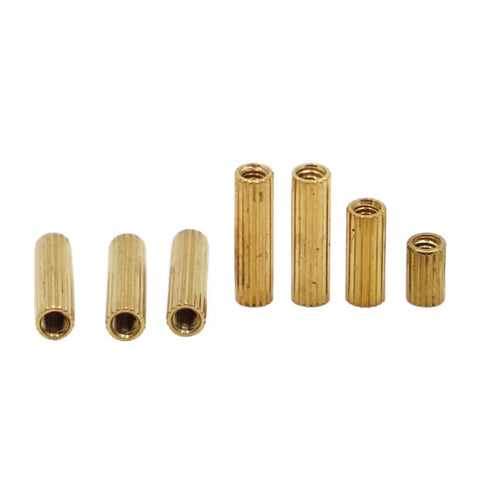 Heavy Duty Brass Female To Female Standoff Spacer Set Featuring Smooth M2 Threading For Solid Circuit Board Mounting and DIY Tech Builds That Snap On Tight Without A Hitch, showing different lengths of brass spacers.