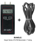 Dwyer 475-FM digital manometer with tubing bundle; black handheld meter with large LCD display.