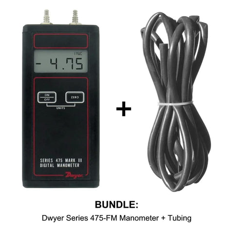Dwyer 475-FM digital manometer with tubing bundle; black handheld meter with large LCD display.