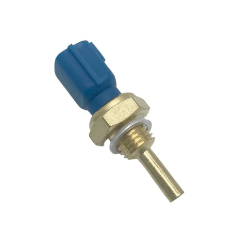 Side view of engine coolant temperature sensor with blue plastic connector and brass threaded stem.