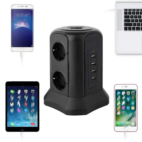 Super Slick Smart Tower Power Strip With Six Euro Outlets And Fast Usb Charging Ports Auto Surge Protector in black with devices.