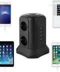 Slick Vertical Smart Power Strip With Legit Surge Protection And Six Grounded Outlets Plus Four Auto Detect Usbc Chargers For Home Office Zero Mess Vibe Straight Up Solid Two Meter Extension Cable with devices connected.