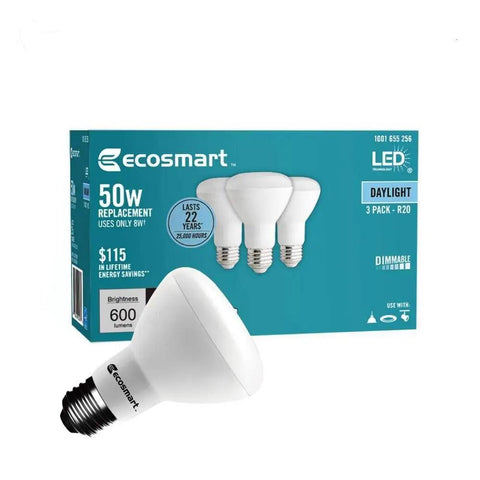 12 Pack R20 Daylight LED Bulbs Dimmable 600 Lumens 5000K 8W Light Bulbs Equal to 50W E26 Base No Brainer Energy Saver box