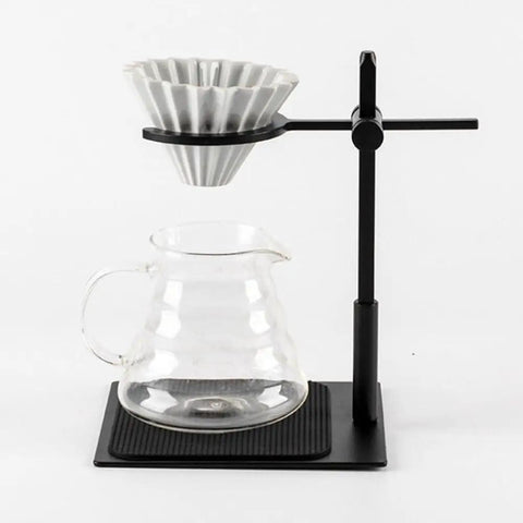 Elevate Your Daily Grind With This Slick Adjustable Pour Over Coffee Stand And Aluminum Dual Filter Cup Holder, showing adjustable setup with glass cup.