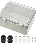Rugged Outdoor IP65 Weatherproof Electrical Junction Box with Hinged Clear Cover and Two Cable Glands display