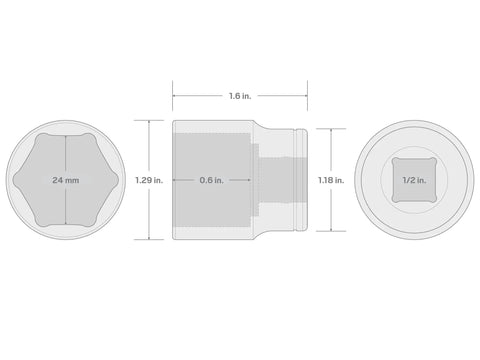 Diagram of Half Inch Drive 24 Mm Shallow 6 Point Socket With Chrome Finish Large Stamped Markings For Easy Readability dimensions