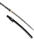 Wakizashi Iaito for Iaido Training, unsharpened stainless steel sword with 21 inch fuller blade, shown with scabbard