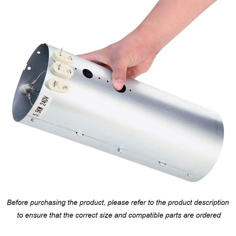 Hand holding Dryer Heating Element Kit 134792700 With High Limit Thermostat 3204267 And Thermal Limiter 137032600 silver cylinder.