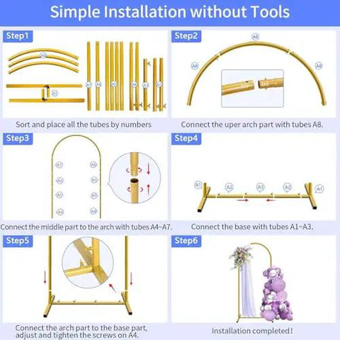 Installation steps for Six Foot Arch Backdrop Stand For Balloons And Garlands with easy setup gold finish.
