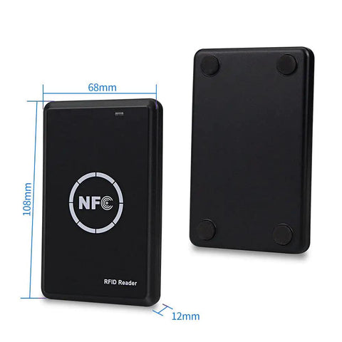 Black Dual Frequency Access Card Copier And RFID Writer Reader 125KHz 13.56MHz With NFC Tag Replicator, front and back view.