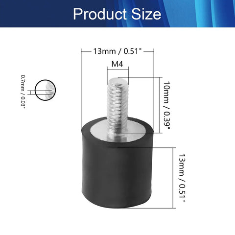2 Pack M4 Rubber Vibration Isolator Mounts 13x13mm With Studs, 13mm x 10mm size shown with M4 thread