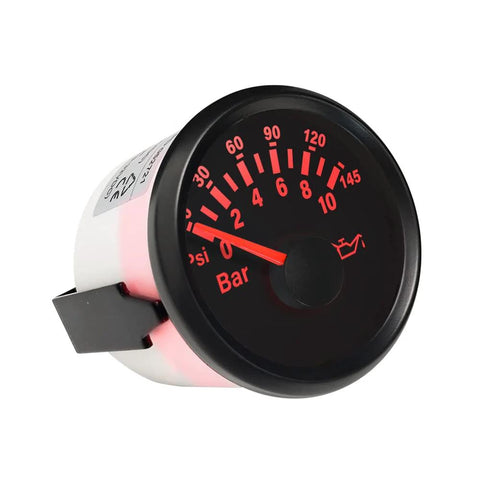 Oil pressure gauge, 52mm (2"), red backlit dial, reads 0–10 bar / 0–145 psi for automotive use