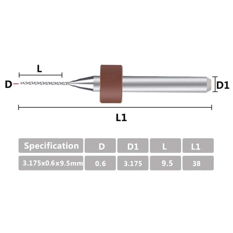Diagram showing 0.6mm Tungsten Carbide PCB Drill Bits For Precision Printed Circuit Board Drilling 38mm Overall Length 3.175mm